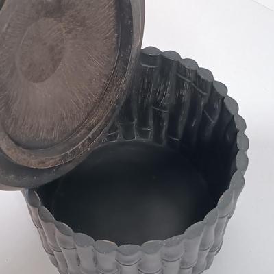 LOT 163: Tiki Collection - Coconut Shell Art, Coconut Cups & Monkey and Bamboo Container