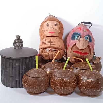 LOT 163: Tiki Collection - Coconut Shell Art, Coconut Cups & Monkey and Bamboo Container