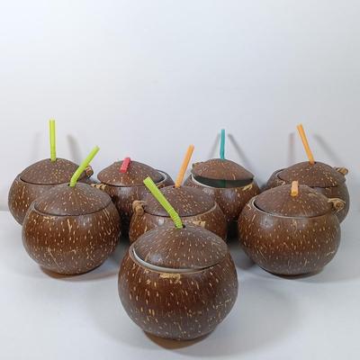 LOT 163: Tiki Collection - Coconut Shell Art, Coconut Cups & Monkey and Bamboo Container