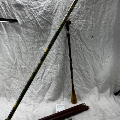 Dog head shoe horn , Brass hound head flask walking stick, colorful cane