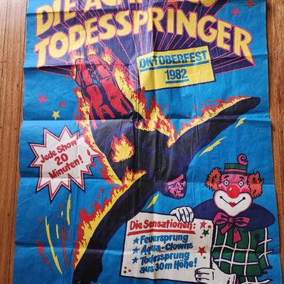 Sale Photo Thumbnail #198: This lot is for a Vintage Acapulco Death Jumper Poster.  This poster is from the 1982 OctoberFest.  The poster has been folded. It measures about 23X33-inches. Excellent travel souvenir - deserves to be framed. Great colors. Good condition overall.