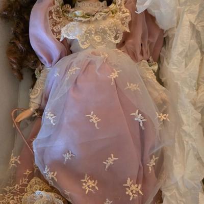 Vintage Victorian-Style Porcelain Doll in Pink Lace Dress and Bonnet