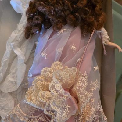 Vintage Victorian-Style Porcelain Doll in Pink Lace Dress and Bonnet