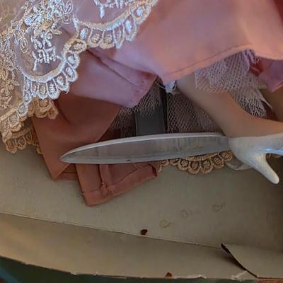 Vintage Victorian-Style Porcelain Doll in Pink Lace Dress and Bonnet