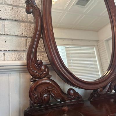 Victorian-Style Tabletop Dresser Mirror with Carved Wood Base and Trinket Wells