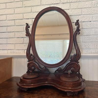 Victorian-Style Tabletop Dresser Mirror with Carved Wood Base and Trinket Wells