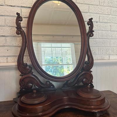Victorian-Style Tabletop Dresser Mirror with Carved Wood Base and Trinket Wells