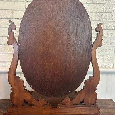 Victorian-Style Tabletop Dresser Mirror with Carved Wood Base and Trinket Wells
