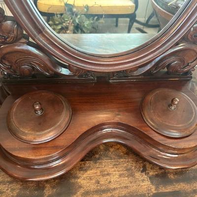 Victorian-Style Tabletop Dresser Mirror with Carved Wood Base and Trinket Wells