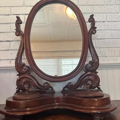 Victorian-Style Tabletop Dresser Mirror with Carved Wood Base and Trinket Wells