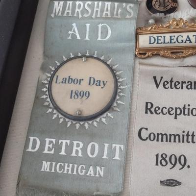 Antique Pins and Ribbons in Shadow Box