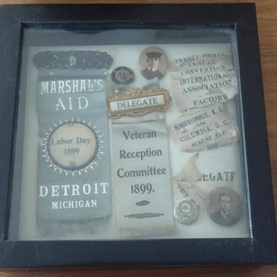 Antique Pins and Ribbons in Shadow Box
