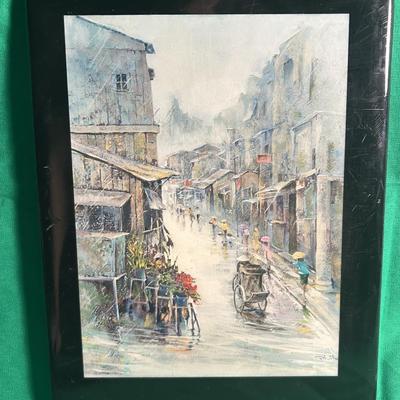Framed Watercolor of Asian Street Scene