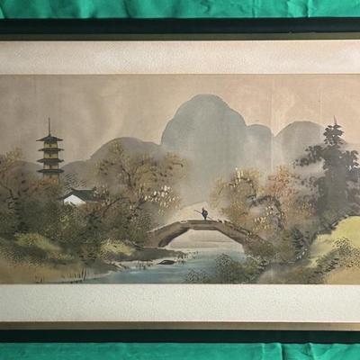 Framed Japanese Landscape Watercolor Painting