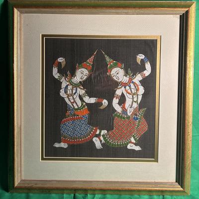 Framed Thai Beaded Textile Art Depicting Dancers