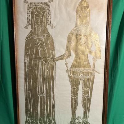 Framed Brass Rubbing Depicting Medieval Figures