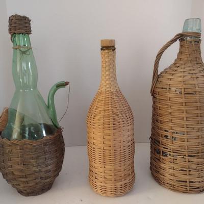 Set of Three Vintage Wicker Encased Wine Bottles