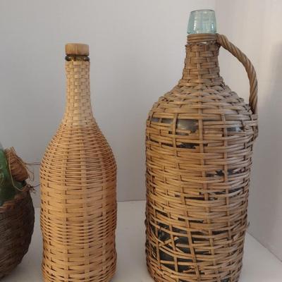 Set of Three Vintage Wicker Encased Wine Bottles