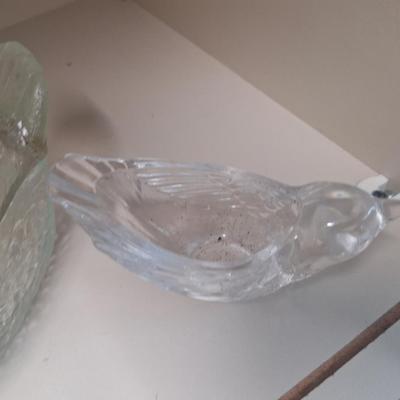 vintage, clear, pressed glass covered swan dish and a small glass bird trinket dish