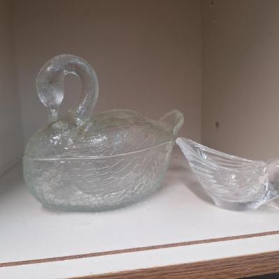 vintage, clear, pressed glass covered swan dish and a small glass bird trinket dish