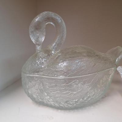 vintage, clear, pressed glass covered swan dish and a small glass bird trinket dish