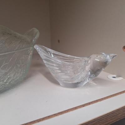 vintage, clear, pressed glass covered swan dish and a small glass bird trinket dish