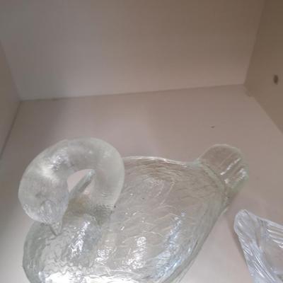 vintage, clear, pressed glass covered swan dish and a small glass bird trinket dish