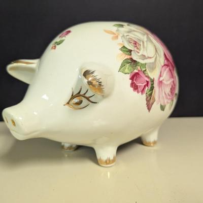 Vintage Piggy Bank Floral Ceramic Pink & White Roses