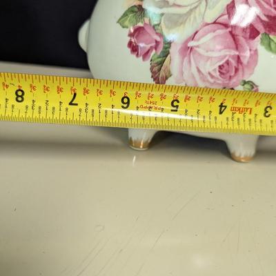 Vintage Piggy Bank Floral Ceramic Pink & White Roses