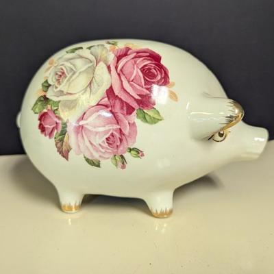 Vintage Piggy Bank Floral Ceramic Pink & White Roses
