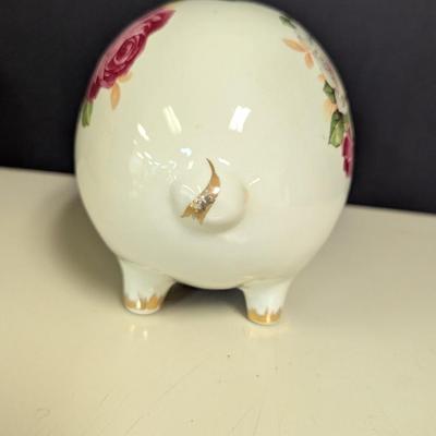 Vintage Piggy Bank Floral Ceramic Pink & White Roses