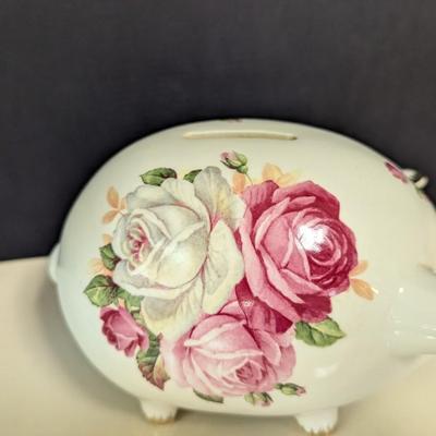 Vintage Piggy Bank Floral Ceramic Pink & White Roses