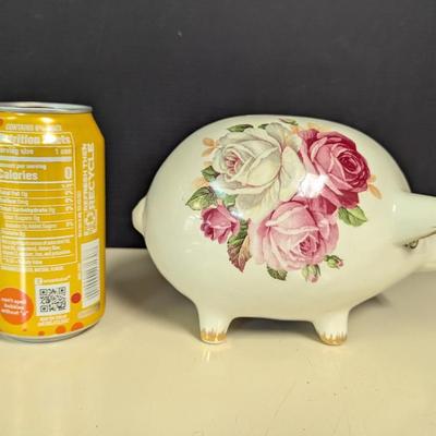 Vintage Piggy Bank Floral Ceramic Pink & White Roses