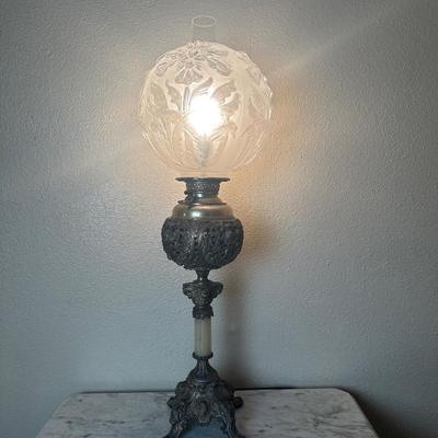Antique American Made Converted Oil Lamp with Ornate Cherub Body