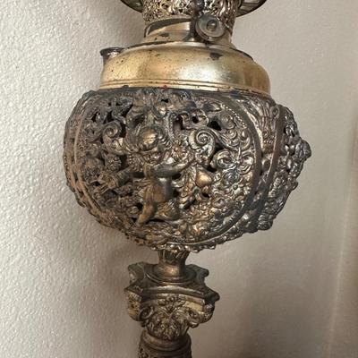 Antique American Made Converted Oil Lamp with Ornate Cherub Body