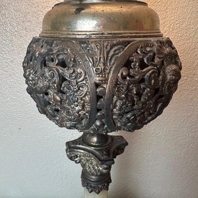 Antique American Made Converted Oil Lamp with Ornate Cherub Body