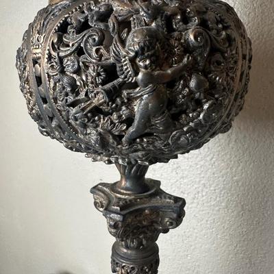 Antique American Made Converted Oil Lamp with Ornate Cherub Body
