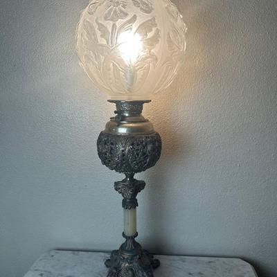 Antique American Made Converted Oil Lamp with Ornate Cherub Body