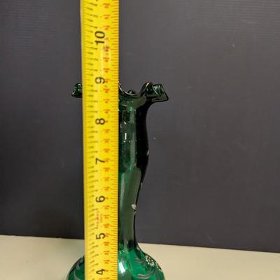 Vintage Bohemian Emerald Green Art Glass Vase Ruffle Edge