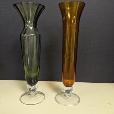 Vintage Olive Green Vase & Amber Etched Vase