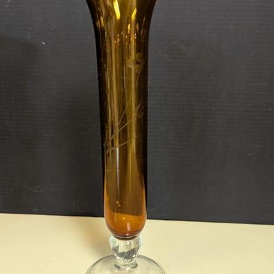 Vintage Olive Green Vase & Amber Etched Vase