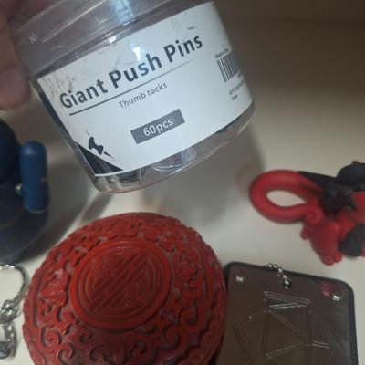 mixed lot of things, red cinna bar trinket box, key chain, Swiss tech multi tool, handbag of holding token- Dungeons & Dragons thing,...