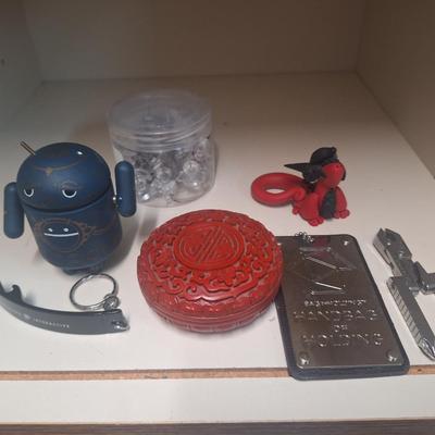 mixed lot of things, red cinna bar trinket box, key chain, Swiss tech multi tool, handbag of holding token- Dungeons & Dragons thing,...
