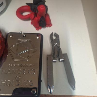 mixed lot of things, red cinna bar trinket box, key chain, Swiss tech multi tool, handbag of holding token- Dungeons & Dragons thing,...