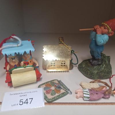mixed lot of smalls- 1993 Enesco Klas Wickl Ollie gnome, hallmark Fred Flintstone ornament and some other ornaments.