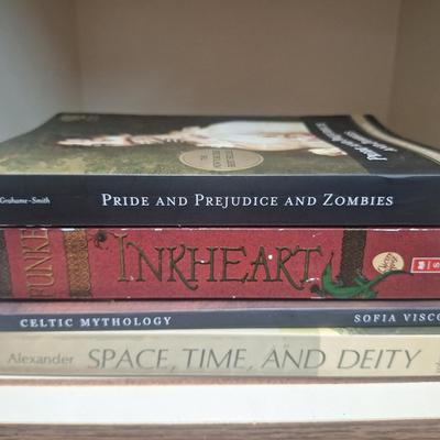 4 books: 1. Pride and Prejudice and Zombies 2. Ink heart 3. Celtic Mythology 4. Space, Time, and Deity, volume I