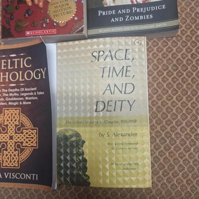 4 books: 1. Pride and Prejudice and Zombies 2. Ink heart 3. Celtic Mythology 4. Space, Time, and Deity, volume I