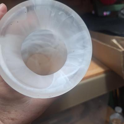 frosted white swirl art glass vase with a flared rim and satin matte finish. 