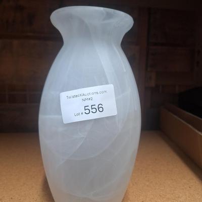 frosted white swirl art glass vase with a flared rim and satin matte finish. 