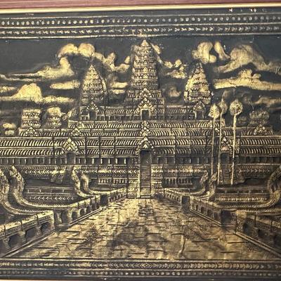 Large Angkor Wat Temple Rubbing Framed in Teak, Cambodia, 1970s, Panoramic Wall Art